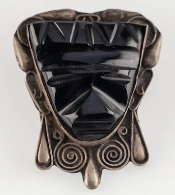 Spilla Vintage Maschera Azteca In Onice Nero In Argento 900 20,7g - Immagine 1 di 4