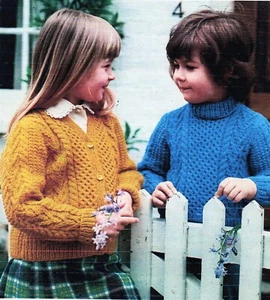 ~ Laminated Vintage Knitting Pattern For Child's Aran Jumper & Cardigan ~ - Picture 1 of 1
