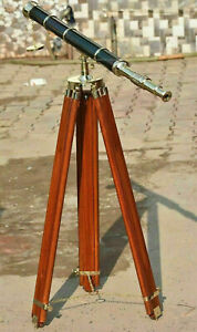 39 inch telescope with wooden tripod stand floor standing Antique brass leather