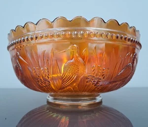 9.5" 24.1 CM LARGE DUGAN MARIGOLD CARNIVAL GLASS STORK AND RUSHES FRUIT OR PUNCH - Picture 1 of 12