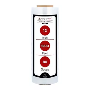 12" x 1500' 80 Gauge 1 Roll Pallet Wrap Stretch Film Hand Shrink Wrap 1500FT - Picture 1 of 8