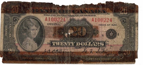 1935 Bank Of Canada 20$ English A100224 - Circulated - Damaged Cover