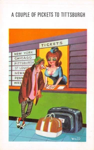 POSTKARTE COMIC GEWAGTES TICKET SCHREIBER GROSSE BRÜSTE HERREN EIN PAAR STREIKPOSTEN - Bild 1 von 2