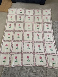 Afghan Throw Blanket Handmade Crochet 55 1/2Wx71 1/2L Cream w/ Pink Flowers NEW - Picture 1 of 9