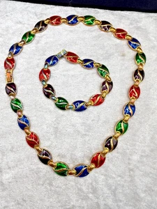 Vintage Emaille Halskette Armband Set goldfarben Juwel Ton 18" 7,5" - Bild 1 von 9