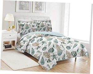 3 Pieces Beach Shell Bedspread Twin Size Ocean Theme Seashell Conch Summer - Picture 1 of 7