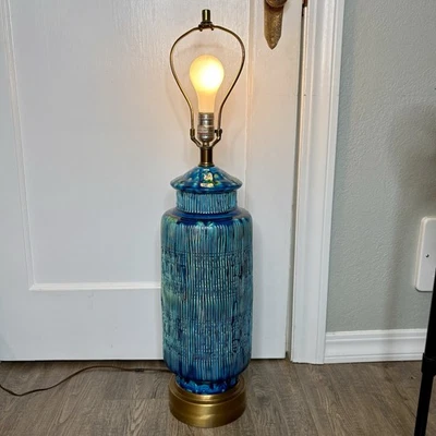 Vtg MCM Large Pottery 3-Way Lamp Green Blue Turquoise Brass Aldo Londi Style? - Image 1 of 4