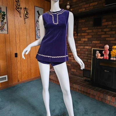 Vtg 60s Mod Go Go Blue Velvet Hot Pants Mini Dress 2 pc Playsuit Romper XS/S - Image 1 of 4