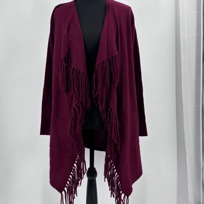Isaac Mizrahi cashmere Burgundy Fringe Waterfall Cardigan Sweater Women's XS - Image 1 of 4