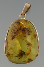Genuine BALTIC AMBER 14K GOLD Pendant Fossil Swarm of 14 INSECTS 3.6g 191126-25