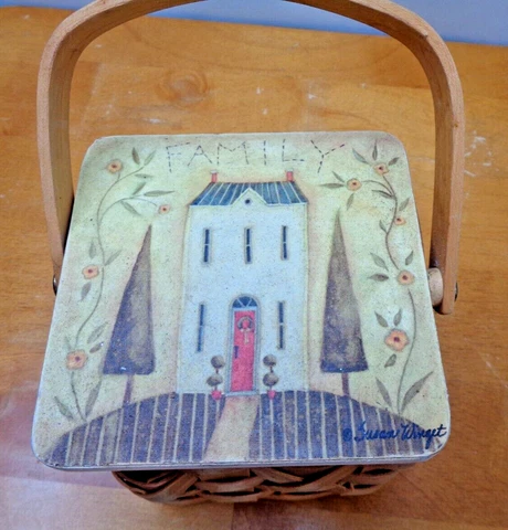 Vintage Wicker Basket Susan Winget Design House Family Wooden Lid Handles Small Cover