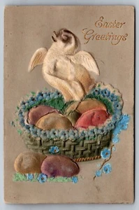 Easter Greetings Embossed Stitching Hen Chicken Eggs Postcard - C13 - Picture 1 of 2