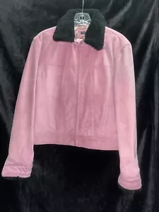 Vintage Pink Leather Jacket, Black Collar & Sleeve Trim, Small, Cyle & Chloe - Picture 1 of 8