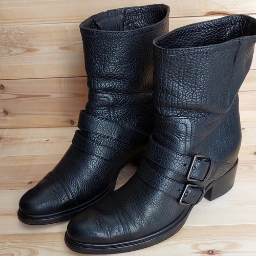 Stivali moto Miu Miu Mid Caf donna in pelle nera US 8 EU 38 stivali con fibbie