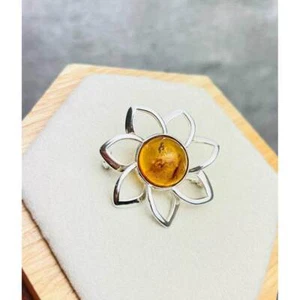 925 Sterling Silver & Baltic Amber Classic Round Flower Brooch - AB01 - Picture 1 of 12