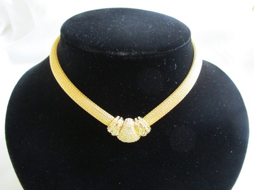 Collana Choker Vintage Christian Dior Maglia Strass Trasparenti Firmata Placcata Oro