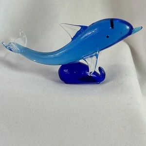 Dolphin Figurine Miniature Murano Art Glass 3.5” Blue White Vintage - Picture 1 of 6