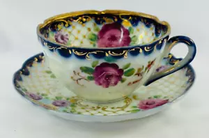 Taza de té y platillo vintage rosas dorado adornado a mano sin marca - Imagen 1 de 9