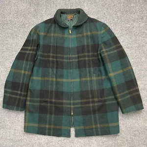 VTG Pendleton Wool Coat Men XL-2XL Green Black Plaid Ribbed Collar Zip 60s-70s - Picture 1 of 12