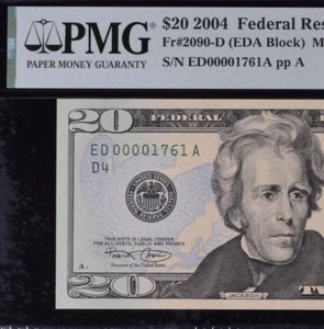 2004 $20 Federal Reserve Note PMG 64EPQ wanted popular low serial number 0001761 - Picture 1 of 3