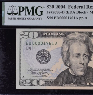 2004 $20 Federal Reserve Note PMG 64EPQ wanted popular low serial number 0001761 - Image 1 of 3