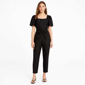 Kate Spade NY Black Linen Blend Jumpsuit Sz 6 Puff Sleeve Belted Chic Elegant - Picture 1 of 23