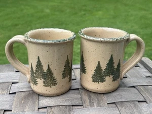 Set Of 2 Three Rivers Pottery Mugs Pine Trees USA Made Sponge-ware - Picture 1 of 7