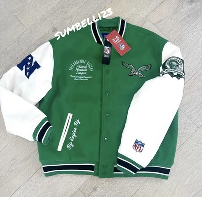 NFL Philadelphia Eagles Kelly Green Leather Wool Bomber Varsity Jacket Sz XL - Image 1 of 4