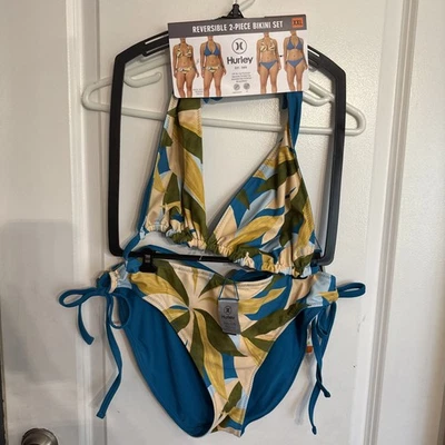 NWT Hurley Surf Swim Two Piece Teal Olive Leaves Bikini REVERSIBLE XXL - Image 1 of 4