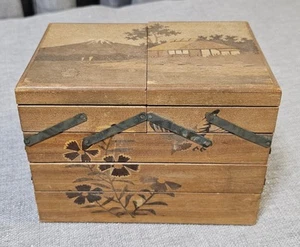 Seltene antike dreistufige Nähen Schmuckschatulle aus Holz von 1944 Azoren - Bild 1 von 13