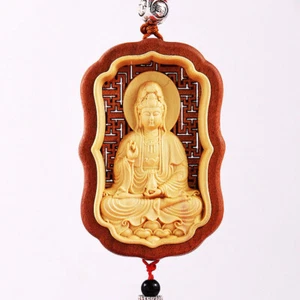 Aushohles Inlay Holzschnitzerei Chinesisch Guan Kwan Yin Skulptur Amulett Autoaufhänger - Bild 1 von 10