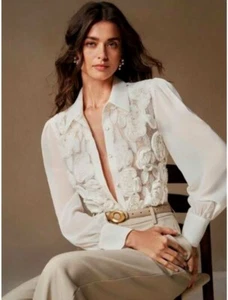 Anewsta Shirt Women Medium White 3D Floral Button Down Blouse NWT Boho Elegant - Picture 1 of 13
