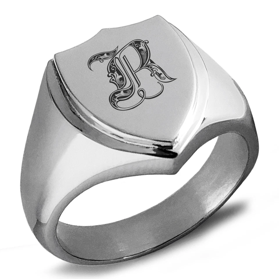 Anillo de sello de acero inoxidable con escudo con monograma real inicial letra R para hombre Foto 1 de 1