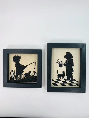 Pair Children Silhouettes Counted Cross Stitch Framed Fishing Cooking Vintage Cover