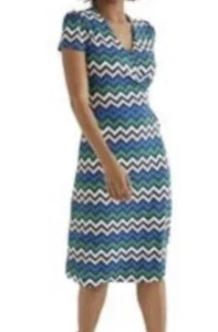 Boden Kleid Kurzarm Blau Grün Stretch Knielang Wickel Jersey 12 R - Bild 1 von 9
