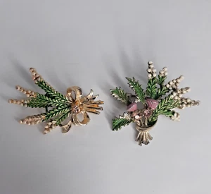 Pair of Vintage Exquisite Scottish Heather Brooches Painted Enamel Scotland Celt - Picture 1 of 11