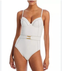 NWT $129 BLEU Rod Beattie A Fine Line Belted One-Piece Swimsuit White Size 10 - Picture 1 of 5