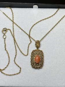 Vintage Red Coral 14K Gold Filigree Pendant Necklace - Picture 1 of 12