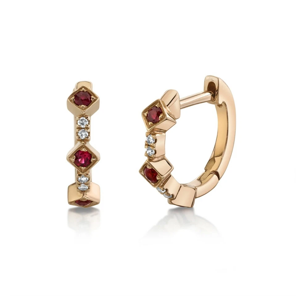 Ruby Diamond Huggies Earrings 14K Rose Gold Diagonal Hoops Round Cut Natural - Image 1 of 2
