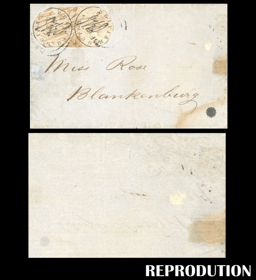 BRITISH GUIANA 1850  COVER COTTON-REELS 2 CENTS BLACK ON PALE ROSE, REPRODUCTION - Image 1 of 1