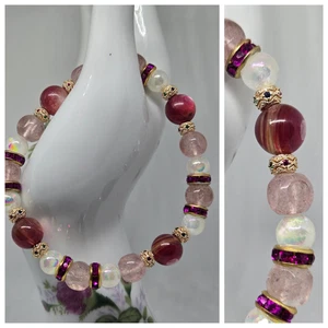 🌹Pulsera de piedras preciosas rosa celestial🌸Lepidolita rosa🍓Cuarzo fresa😇Selenita - Imagen 1 de 12