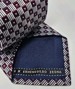 Ermenegildo Zegna Mens Tie 100% Silk Embroidered Maroon Geometric Italy Tie - Picture 1 of 7