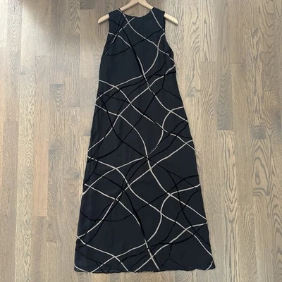 Maxi Vestido Vintage Tessuto Crosshatch Texturizado Mezcla Seda Organza Negro Beige L Foto 1 de 4