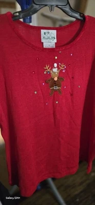 QVC The Quacker Factory Womans Holiday Reindeer Sweater Red NEW - Image 1 of 4