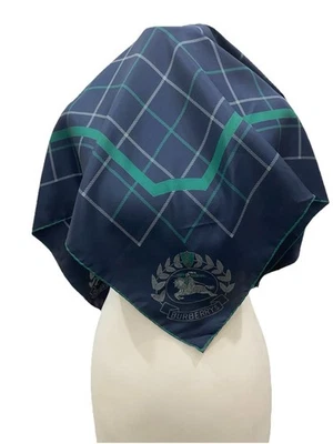 S56# Burberrys Vintage Silk Scarf Check Plaid Equestrian Logo England Blue - Image 1 of 4