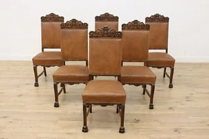 Set 6 Antique Renaissance Leather & Carved Oak Dining Chairs #53667 - Picture 1 of 15