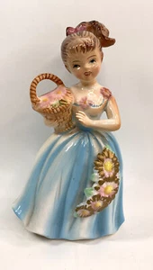 Vintage Ponytail Girl Figurine Holding Flower Basket Blue Gown 7" Japan Cottage - Picture 1 of 6