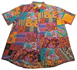 Men's Colorful Rasta Linen Blend Button Down Retro Hippy Shirt Sz L - Picture 1 of 7
