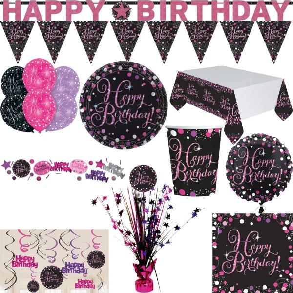 Compleanno Decorazione Luccicante Fucsia Nero Argento Geburtstagsparty - Immagine 1 di 1