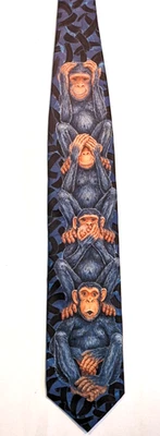 Corbata vintage D'em Crazy Slate azul y negra para hombre See Speak Hear No Evil Monkeys Foto 1 de 4